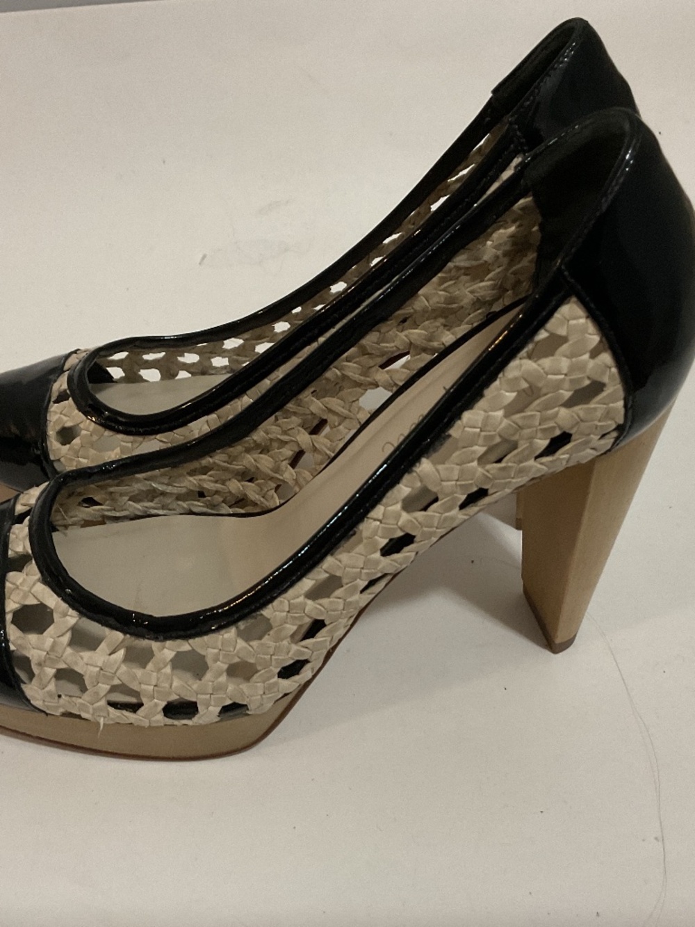 Cole Haan Nike Air Black Patent/Tan Basketweave Platform Block Heel Shoes, 6 1/2